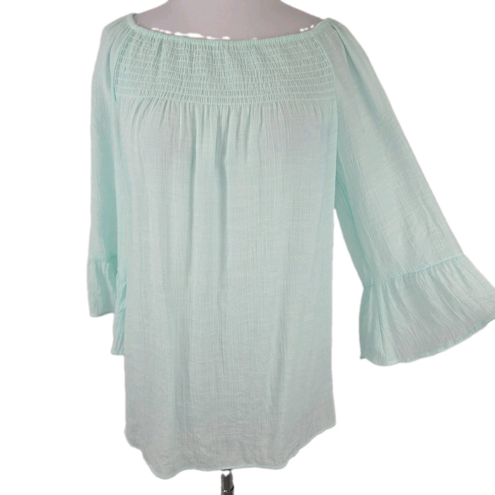 New Directions Mint Green Gauzy Smocked Sheer Blouse Top Medium M